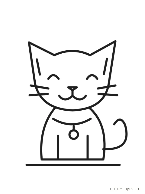 Un chat assis, les yeux fermés et la queue relevée. Il porte un petit collier rond.