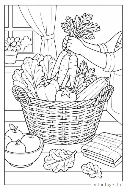Grand panier en osier rempli de légumes sur une table de cuisine, avec les mains d’un enfant qui ajoutent une botte de carottes, un saladier de pommes et une fenêtre en arrière-plan.