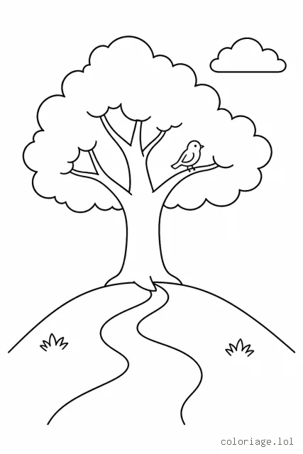 Un grand arbre solitaire au sommet d’une colline douce, avec un sentier courbe, un petit oiseau sur une branche, un nuage et quelques touffes d’herbe.