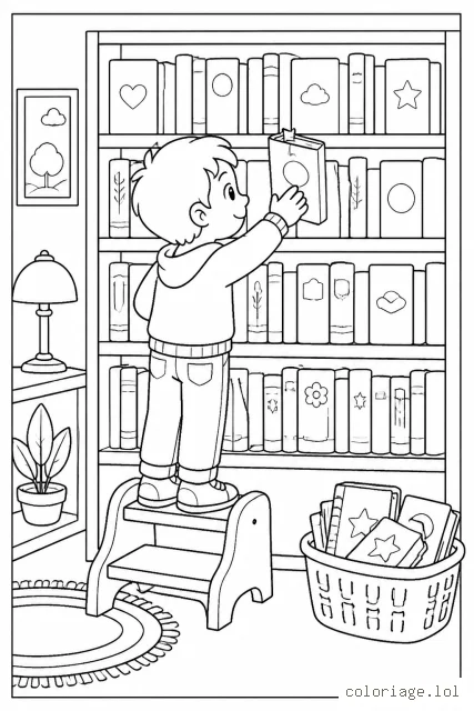 Un enfant debout sur un petit marchepied devant une étagère de bibliothèque tend la main vers un livre légèrement sorti, avec un panier de retours au sol.