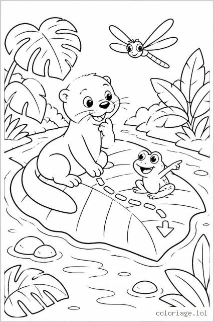 Une loutre souriante assise sur une grande feuille flottante, avec une grenouille, une libellule et un ruisseau entouré de grandes feuilles tropicales.