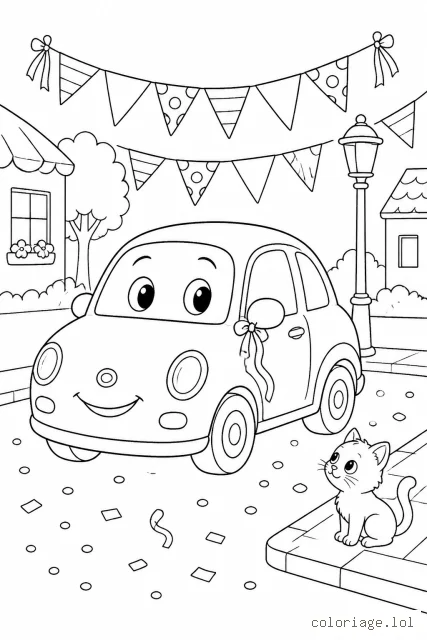 Petite voiture souriante vue de trois-quarts, sous une guirlande de fanions, avec un chaton sur le trottoir, des confettis au sol et un lampadaire en arrière-plan.