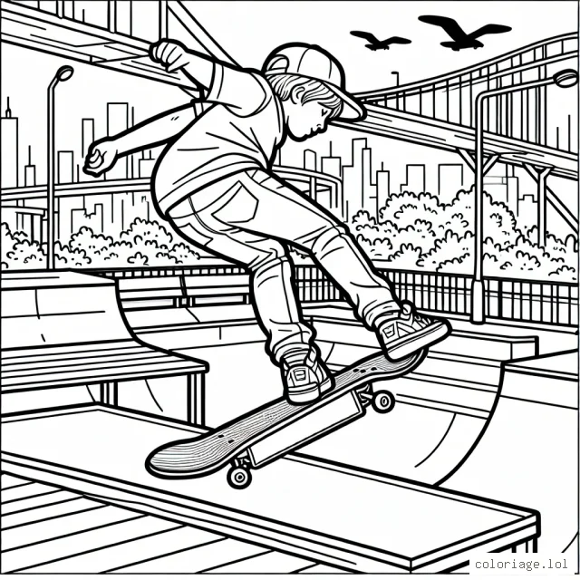 Un skater participant à une compétition de skateboarding tout en réalisant une figure impressionnante dans un skateboard park urbain.