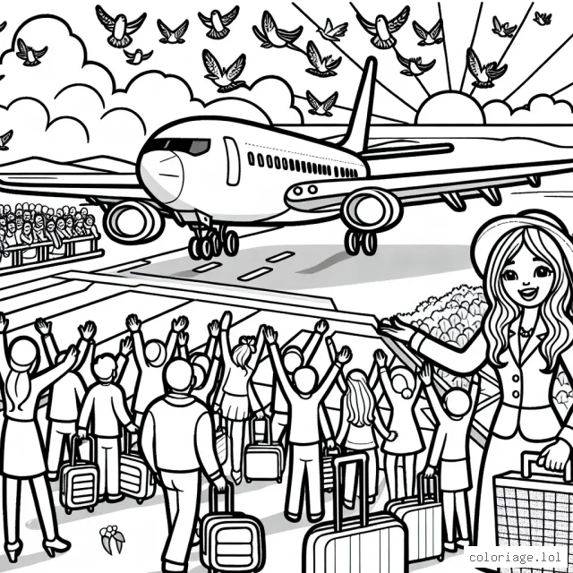 Un avion atterrit doucement sur une piste d'aéroport à l'aube. De nombreux petits oiseaux s'envolent à son arrivée. L'hôtesse de l'air vient juste d'ouvrir la porte de l'avion, et les passagers commencent à descendre.