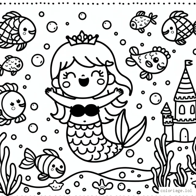Dessine une petite sirène entourée de ses amis les poissons colorés nageant joyeusement autour d'un château sous-marin.