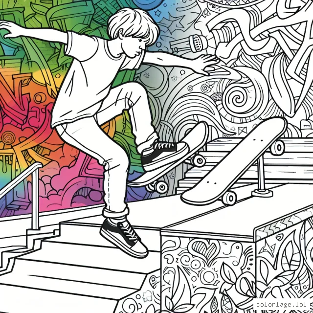 Imagine en image un skateur qui exécute une figure aérienne au-dessus d'une rampe dans un skate-park urbain. Un graffiti coloré comme arrière-plan.