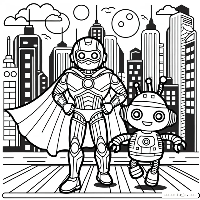 Dessine un super-héros avec son fidèle compagnon robot dans une ville futuriste