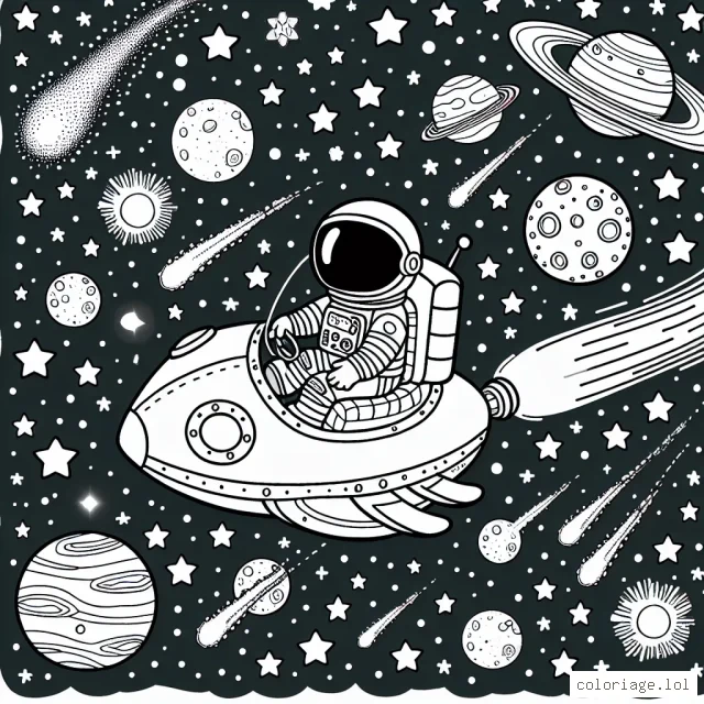 Un astronaute navigant dans l'espace avec un vaisseau spatial coloré entouré de planètes, d'étoiles et de comètes