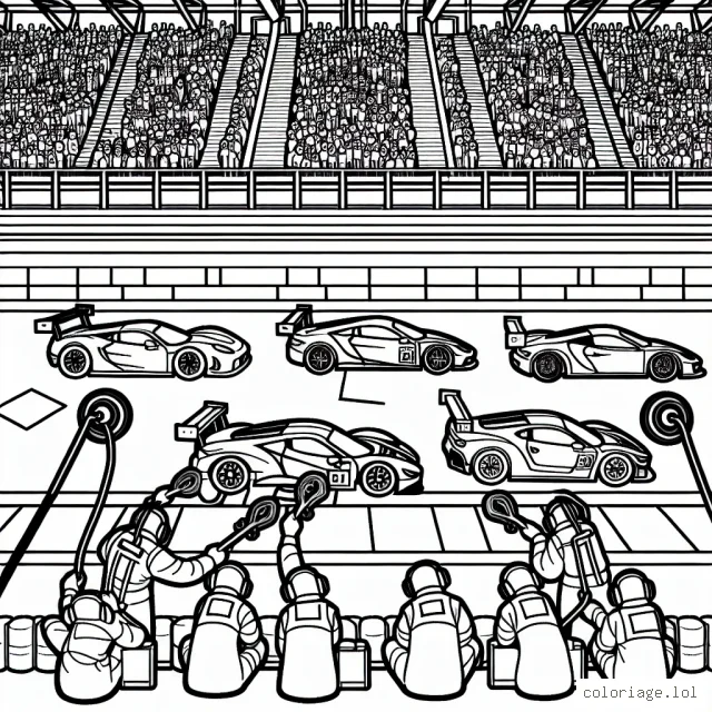 Dessine une course incroyable entre des voitures de sports sur un circuit animé, avec des gradins remplis de spectateurs et des équipes de mécaniciens dans les stands, prêts à effectuer des arrêts aux stands rapides.