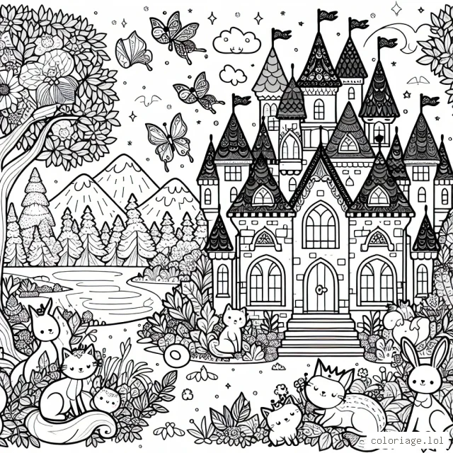 Dessine un superbe château de fées enchantées entouré d'un jardin magique avec des animaux mignons et colorés.