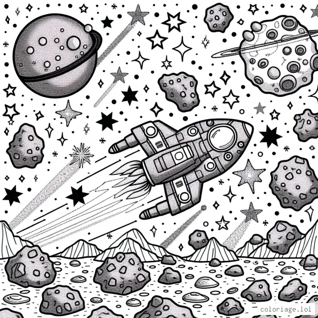 Sur cette page, tu as un incroyable vaisseau spatial volant à travers un champ d'astéroïdes. Tu peux colorier le vaisseau, les astéroïdes et l'espace tout autour avec des étoiles scintillantes. Il y a aussi une lointaine planète que tu peux rendre aussi colorée que tu le souhaites. Amuse-toi bien !