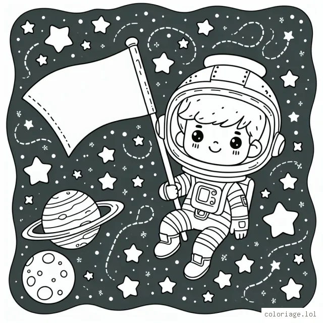 Votre mission est de colorier un astronaute courageux flottant dans la galaxie. Il est entouré de magnifiques étoiles et deux planètes en arrière-plan : Mars et la Terre. L'astronaute tient un drapeau sur lequel vous pouvez dessiner et colorier ce que vous voulez !
