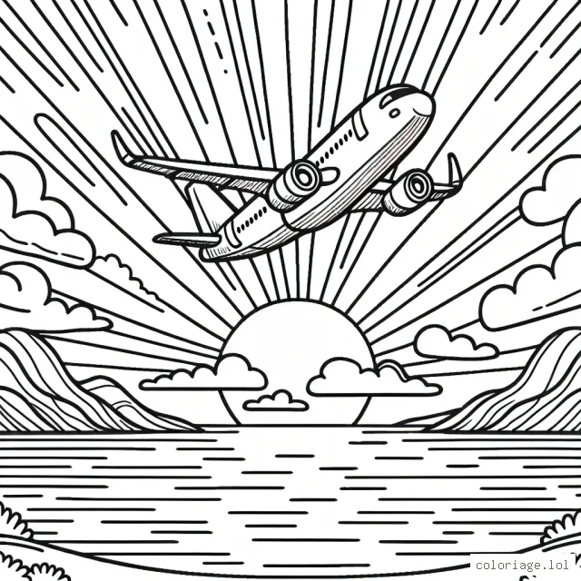 Dessine et colorie un avion en plein vol avec un magnifique coucher de soleil en arrière-plan.