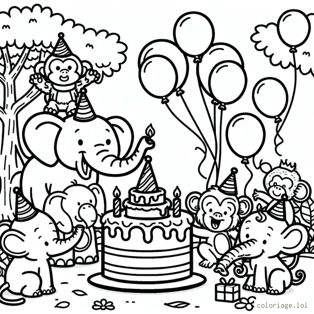 Imagine une scène joyeuse avec des animaux de la jungle organisant une fête d'anniversaire.