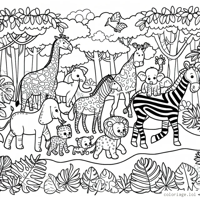 Un défilé fantastique d'animaux exotiques à travers une jungle dense.