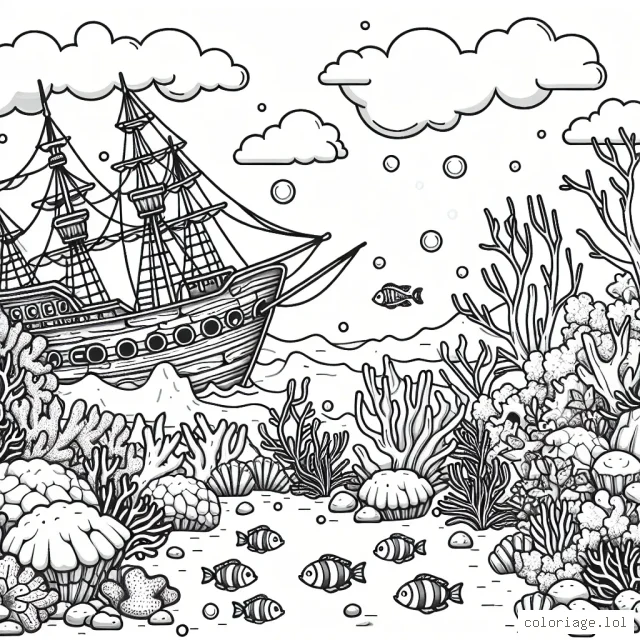 Imagine un paysage sous-marin avec des coraux colorés, des poissons variés et une vieille énigmatique épave.