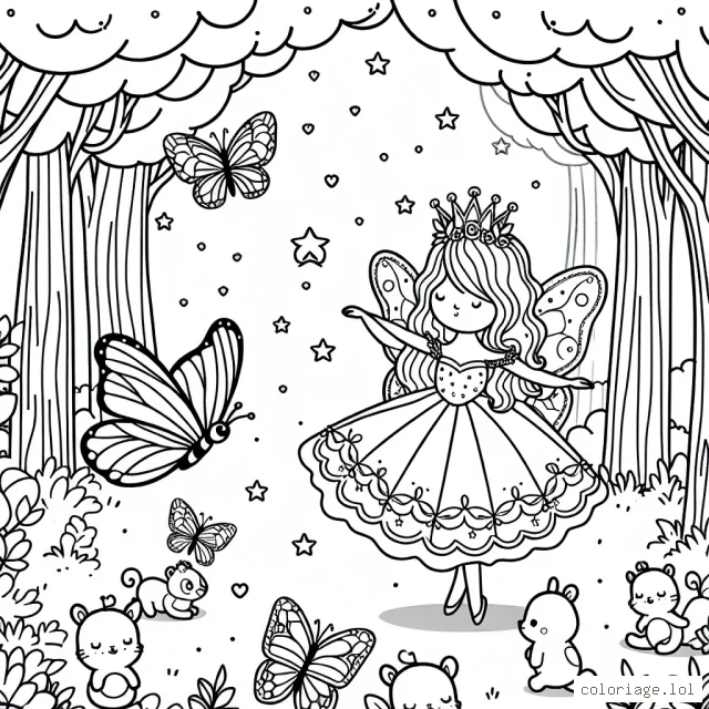 Une princesse papillon dansant dans une forêt enchantée avec des animaux