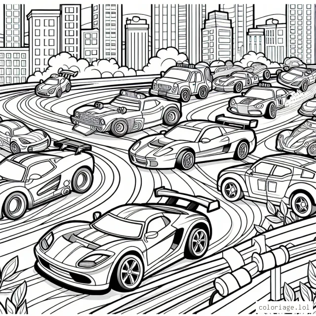 Imagine une course folle de voitures cartoon sur une piste sinueuse à travers une ville animée. Il y a des voitures de toutes sortes, des voitures de sport élégantes, des 4x4 robustes, des voitures de course affûtées et même des voitures de police! Toutes ces voitures sont en plein milieu de la course, se dépassant et se faisant signe dans un tourbillon de couleurs vives. Utilisez des couleurs vives pour rendre ce charmant chaos urbain encore plus vivant.