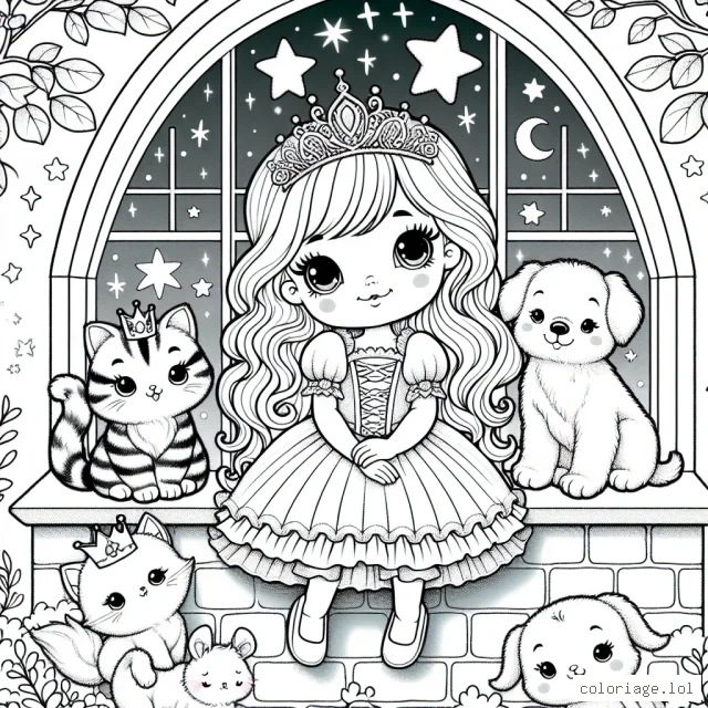 Une petite princesse aux longs cheveux bouclés, portant une robe à volants et une couronne scintillante, est assise sur le rebord d'une fenêtre d'un château. Elle est entourée de ses amis animaux : un chaton à rayures, un chiot à poil touffu, un petit oiseau chanteur et un lapin blanc duveteux. Les pétillantes étoiles remplies de couleur et de magie illuminent le ciel nocturne. Tu peux ajouter des touches colorées au clair de lune, aux murs du château et aux branches des arbres près de la fenêtre.