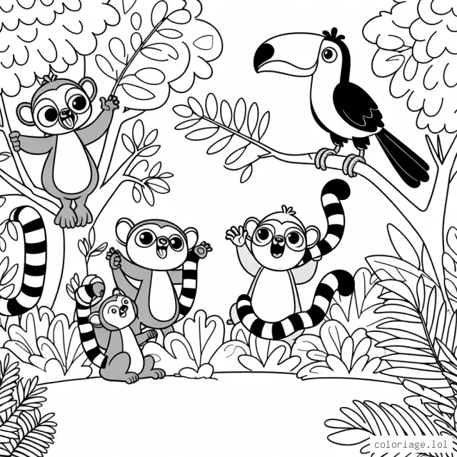 Une bande de lémuriens jouant dans la jungle avec un toucan