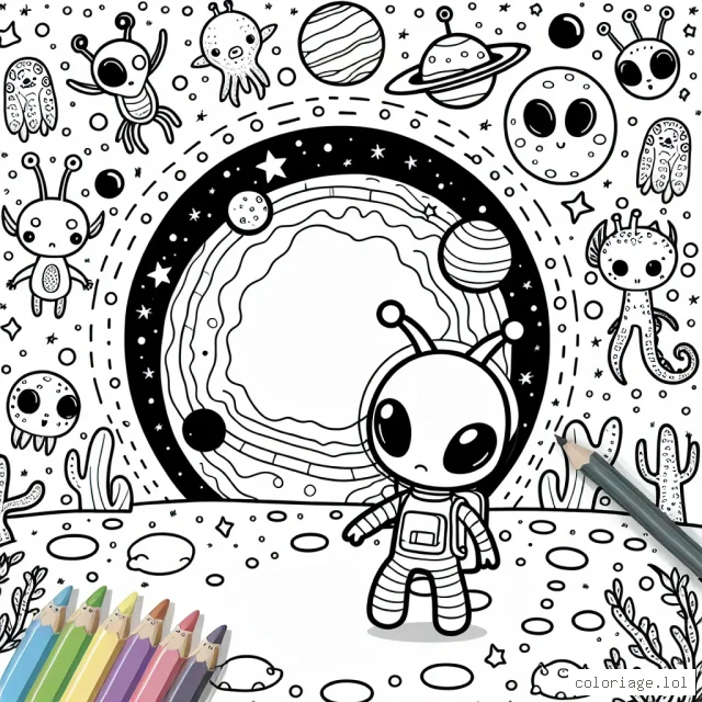 Un petit extraterrestre joyeux explorant une planète colorée avec des créatures fantastiques et surprenantes