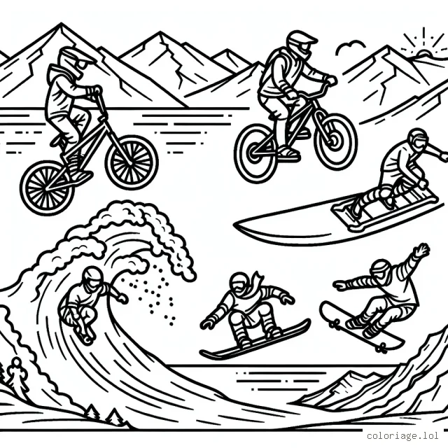 Dessine des athlètes pratiquant divers sports extrêmes tels que le BMX, le surf de grosses vagues, le ski de pente raide et le base jump. N'oublie pas de représenter leur environnement intensif!