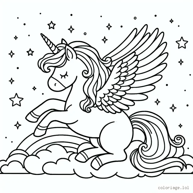 Dessine une magnifique licorne ailée prête à s'envoler dans un ciel étoilé tout en ajoutant de la couleur à ses ailes, sa crinière et sa queue arc-en-ciel.