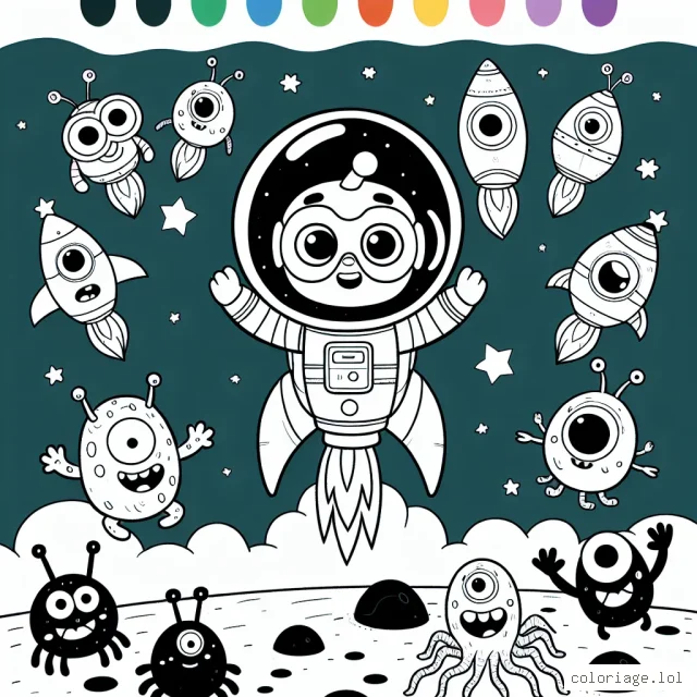 Dans cette image amusante, le petit astronaut Julien fait une compétition de course de fusées spatiales avec sa bande d'extraterrestres bizarres et drôles. Aidez Julien à éclabousser sa course avec vos couleurs vives !