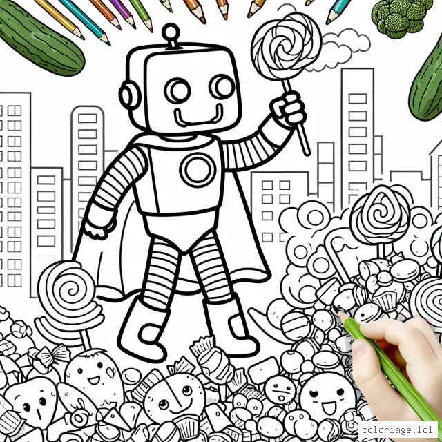 Imagine un coloriage plein d'énergie avec un robot superhéros qui sauve une ville remplie de bonbons de l'invasion maléfique des légumes!