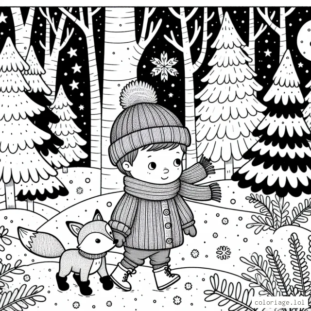 Un petit garçon courageux explore une mystérieuse forêt enneigée accompagné de son renard roux fidèle. Il porte un pull épais, des bottes et une écharpe. Autour d'eux, de grands sapins, des buissons couverts de neige, des empreintes d'animaux mystérieux et de magnifiques flocons de neige tombent du ciel.