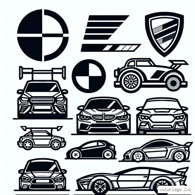 Dessine une collection de voitures par marque : Peugeot, Renault, Citroën, Audi, BMW, Ferrari et Mercedes. Chacune dans son propre espace, avec son logo distinctif à côté d'elle.