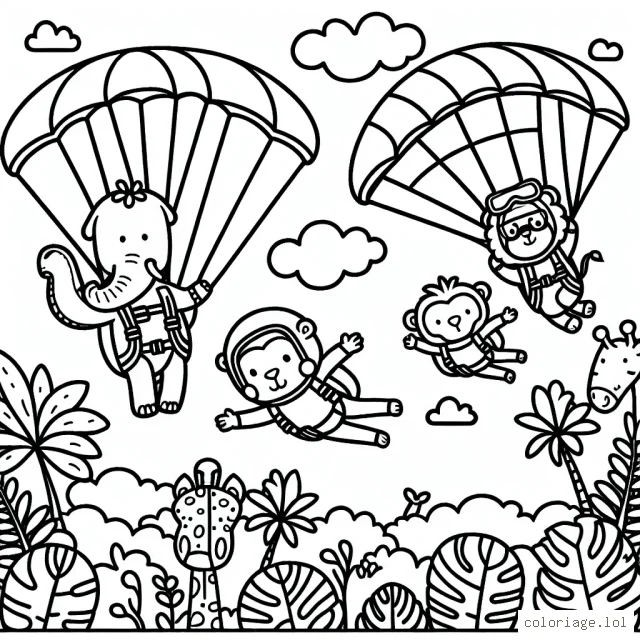 Dessine une scène de saut en parachute avec des animaux habillés en parachutistes survolant une forêt tropicale luxuriante.