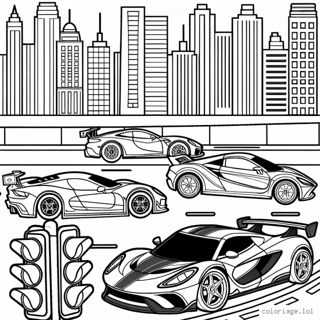 Dessine une course effrénée de voitures de sport à travers la ville avec différentes marques de voitures distinctes. Assure-toi d'inclure des détails tels que les bâtiments de la ville, les feux de signalisation et les marques sur les voitures.