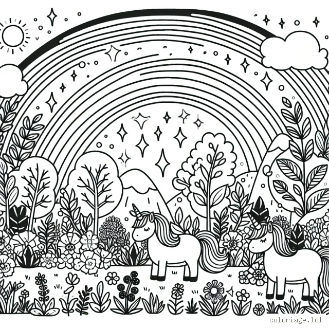 Un jardin enchanté avec des licornes et des arc-en-ciels