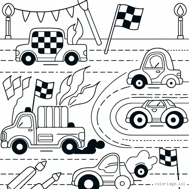 Dessine une course de voitures avec des véhicules de différentes tailles et couleurs. N'oublie pas d'ajouter des détails comme les phares, les roues et peut-être même quelques drapeaux pour encourager les pilotes !