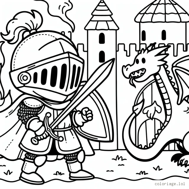 Un jeune chevalier courageux se prépare à affronter un dragon cracheur de feu pour sauver un château royal.