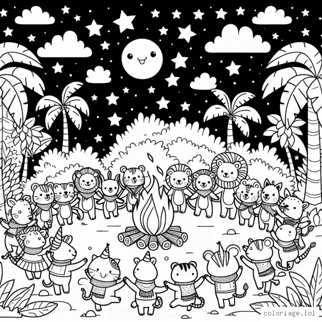 Amuse-toi à colorier ce joyeux cortège d'animaux de la jungle dansant autour d'un grand feu de camp sous une voûte étoilée!