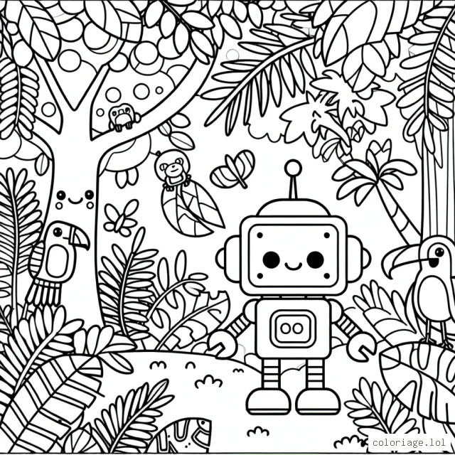 Un petit robot sympathique explorant une jungle pleine de plantes et d'animaux exotiques