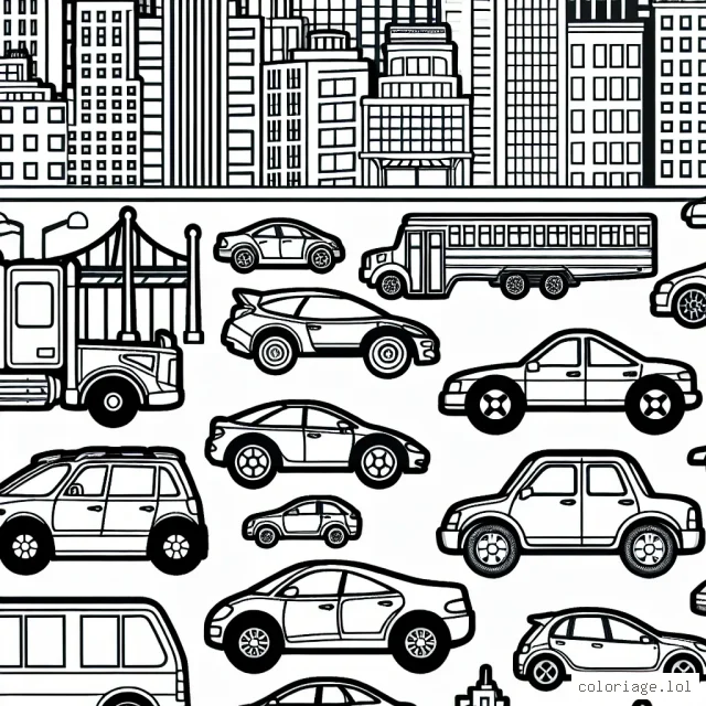 Dessin représentant plusieurs voitures par marque placées dans un paysage urbain animé. Les marques comprennent Toyota, BMW, Mercedes, Audi et Ferrari.