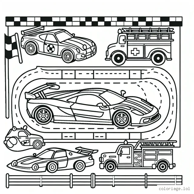 Un circuit de voitures avec différents types de voitures dessinées (voiture de course, voiture de police, voiture de pompier, voiture familiale, etc.)