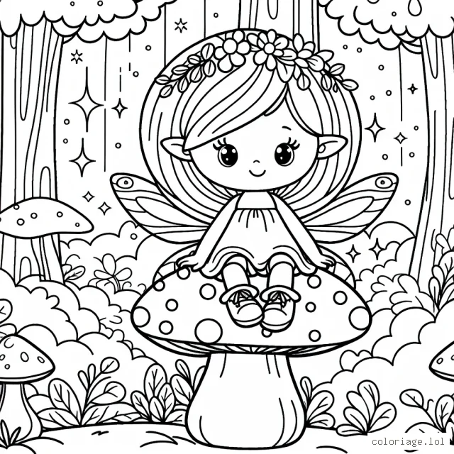 Une petite fée assise sur un champignon magique dans une forêt féerique.