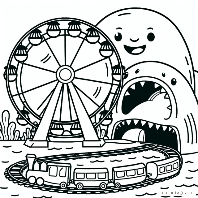 Un parc d'attractions sous la mer avec une grande roue tournante et un grand requin souriant qui sert de tunnel pour un train rapide.