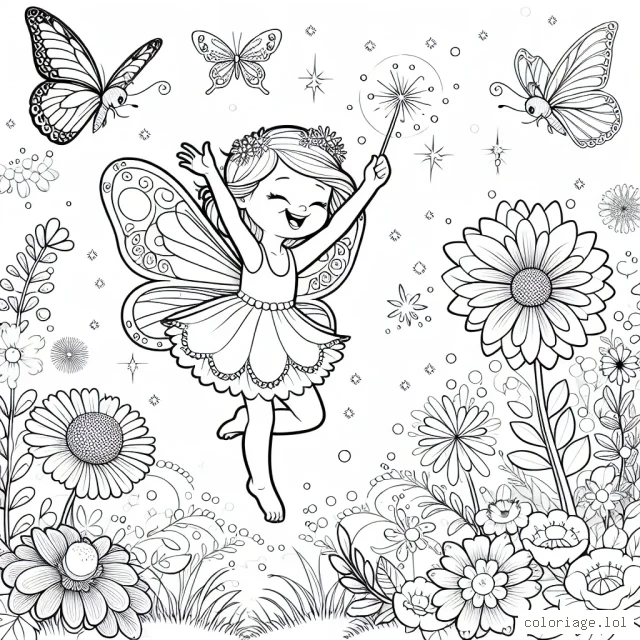 Une petite fée danse joyeusement dans une clairière luxuriante entourée de fleurs époustouflantes et de papillons chatoyants