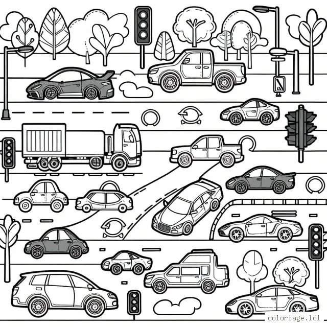 Imagine un paysage urbain animé avec des voitures de différentes formes et tailles. Il y a des voitures de sport élégantes, des camions robustes et des voitures familiales confortables. Imagine également des éléments urbains comme des feux de circulation, des panneaux de signalisation, des arbres et des trottoirs pour compléter la scène.
