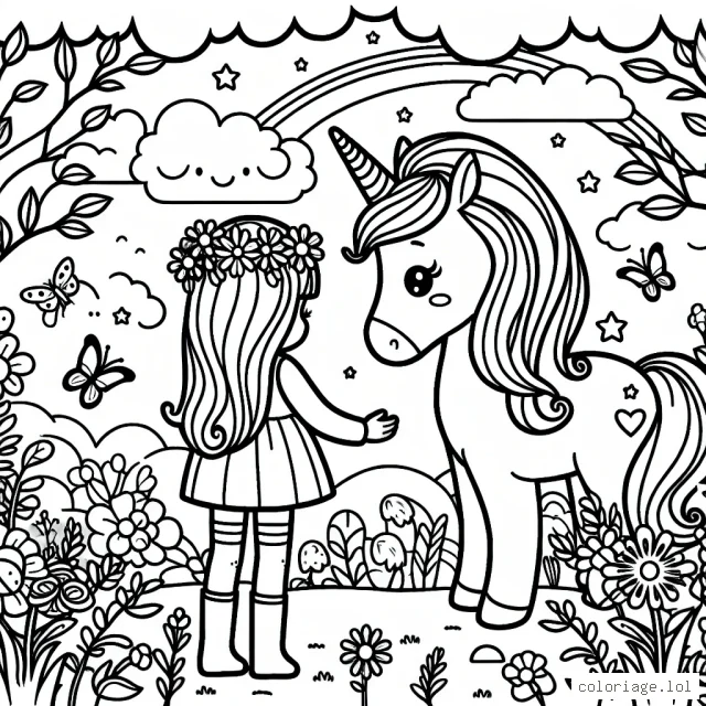 Un paysage féerique où une petite fille rencontre sa licorne amie dans un jardin rempli de fleurs et de papillons
