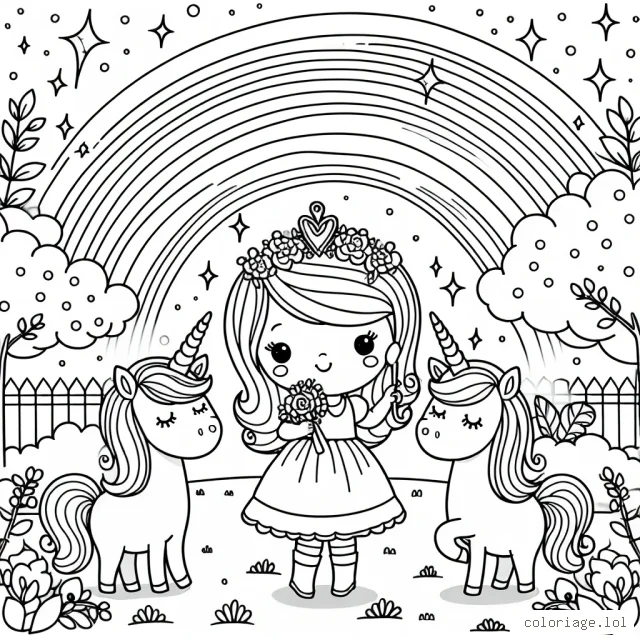 Une petite princesse joue avec des licornes dans un jardin enchanté sous un arc-en-ciel scintillant.