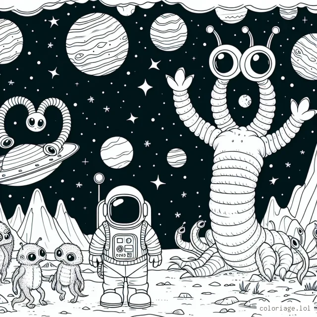 Une grande aventure spatiale t'attend ! À toi de colorer le cosmonaute courageux qui explore une nouvelle planète peuplée d'étranges créatures.