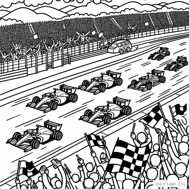 Un circuit de course effervescent d'actions avec des voitures de course différentes et distinctes. Il y a également un public enthousiaste dans les gradins, des drapeaux ondulant et le personnel de la piste pour aider à animer la scène.