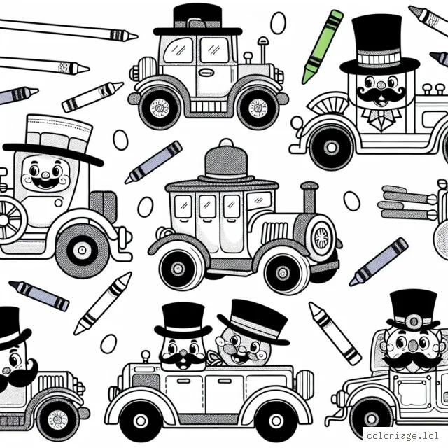 Dans ce dessin, vous avez une parade de voitures animées, chaque une avec une personnalité propre. Décorées avec divers accessoires amusants, de chapeaux en haut de forme à des moustaches, ces voitures rendront votre journée plus colorée. Préparez vos crayons et commencera à colorier !