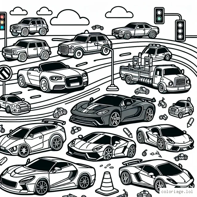 Imaginer une scène animée avec plusieurs voitures de différentes formes, tailles et modèles. Il pourrait y avoir des berlines modernes, des voitures de sport élégantes, des cabriolets amusants, des 4x4 robustes et même quelques voitures de course rapides. Pour rendre la scène plus vivante, ajoutez une route sinueuse, un feu de signalisation, un panneau stop, et bien sûr, des feux de signalisation colorés. Enfin, n'oubliez pas de placer quelques conducteurs et passagers dans les voitures.